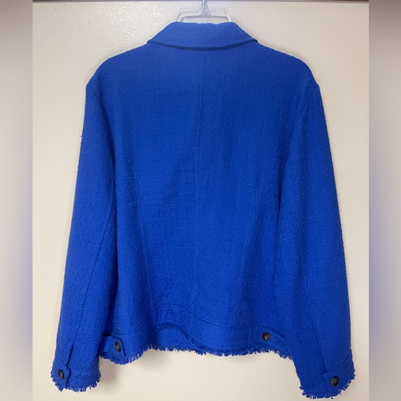 Chico's Jacket Size 3 Large 16/18 Blue Buttoned Front Raw Fringed Edge - Picture 2 of 7